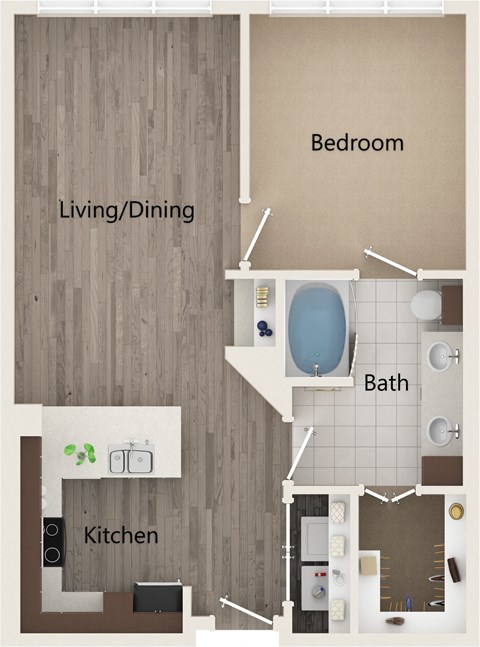 Floor plan for 1 bed, 1 bath, 728 sqft